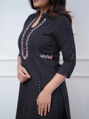 Black Embroidered Indian Cotton Salwar Kameez Straight Kurti Pant Co Ord Set Online for Women (Set of 2)