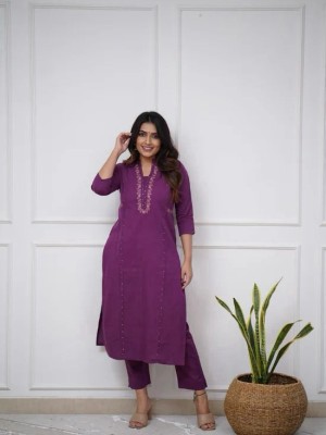 Wine Embroidered Indian Cotton Salwar Kameez Straight Kurti Pant Co Ord Set Online for Women (Set of 2)