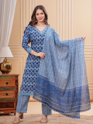 Blue Color Floral Printed Indian Straight Salwar Kameez Kurti Pant Set for Women