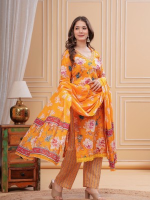 Orange Color Floral Printed Indian Straight Salwar Kameez Kurti Pant Set for Women