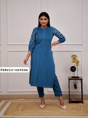 Teal Blue Trisha Floral Leaves Embroidered Co Ord Set Kurti Pant Set Indian Salwar Kameez Set (Set of 2)