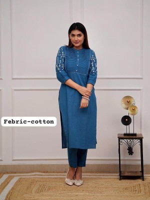 Teal Blue Trisha Floral Leaves Embroidered Co Ord Set Kurti Pant Set Indian Salwar Kameez Set (Set of 2)