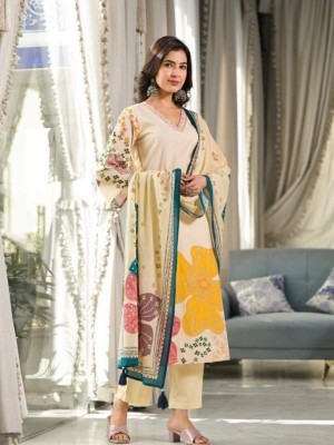 Malavika Cream Color Floral Printed Indian Straight Salwar Kameez Kurti Pant Set for Women