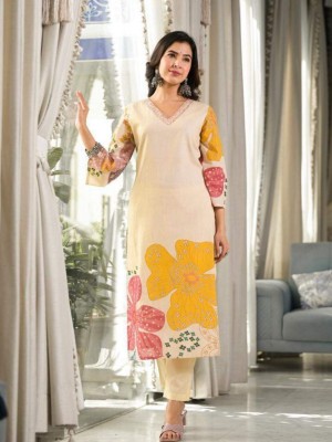 Malavika Cream Color Floral Printed Indian Straight Salwar Kameez Kurti Pant Set for Women