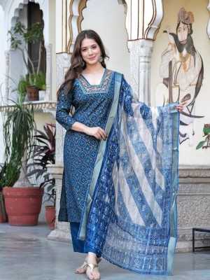 Blue Color Printed Indian Muslin Straight Salwar Kameez Kurti Pant Set for Women