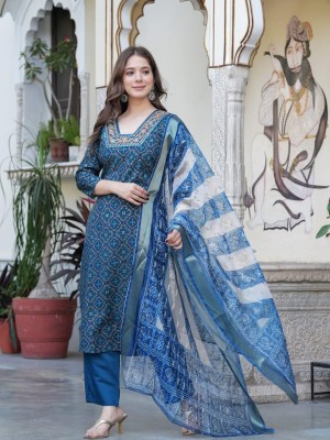 Blue Color Printed Indian Muslin Straight Salwar Kameez Kurti Pant Set for Women