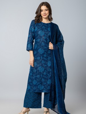 Diksha Blue Floral Printed Traditional Straight Salwar Kameez Indian Cotton Lurex Kurti Pant Dupatta Set