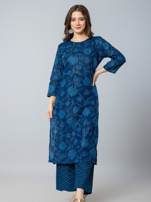 Diksha Blue Floral Printed Traditional Straight Salwar Kameez Indian Cotton Lurex Kurti Pant Dupatta Set