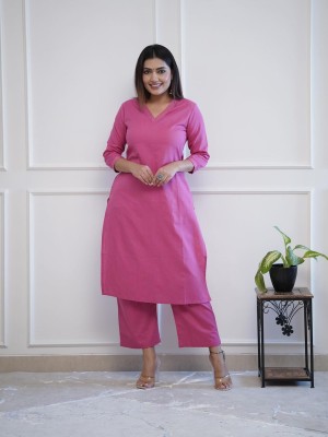 Pink V-Neck Kurti Pant Set with Pockets Indian Straight Cotton Salwar Kameez for Women