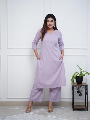 Lavender V-Neck Kurti Pant Set with Pockets Indian Straight Cotton Salwar Kameez for Women