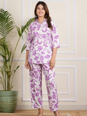 Vini White Floral Printed Kurti Pant Set Co-Ord Set Collared Cotton Salwar Kameez