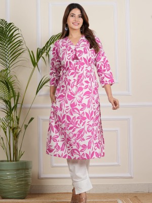 Pink Floral Printed Kurti Pant Set Co-Ord Set V-Neck Cotton Straight Salwar Kameez