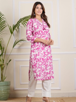 Pink Floral Printed Kurti Pant Set Co-Ord Set V-Neck Cotton Straight Salwar Kameez