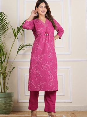 Maya Pink Floral Printed Kurti Pant Set Co-Ord Set V-Neck Cotton Straight Salwar Kameez