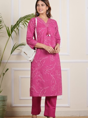 Maya Pink Floral Printed Kurti Pant Set Co-Ord Set V-Neck Cotton Straight Salwar Kameez