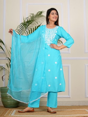 Sky Blue Embroidered Chikankari Straight Kurti Pant Dupatta Readymade Shalwar Kameez Suit (Set of 3)