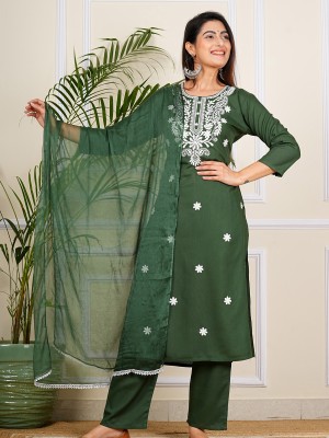 Bottle Green Embroidered Chikankari Straight Kurti Pant Dupatta Readymade Shalwar Kameez Suit (Set of 3)