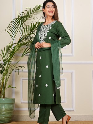 Bottle Green Embroidered Chikankari Straight Kurti Pant Dupatta Readymade Shalwar Kameez Suit (Set of 3)