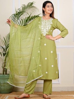 Green Embroidered Chikankari Straight Kurti Pant Dupatta Readymade Shalwar Kameez Suit (Set of 3)