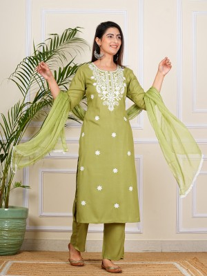 Green Embroidered Chikankari Straight Kurti Pant Dupatta Readymade Shalwar Kameez Suit (Set of 3)