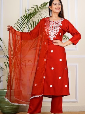 Red Embroidered Chikankari Straight Kurti Pant Dupatta Readymade Shalwar Kameez Suit (Set of 3)