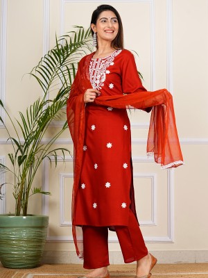 Red Embroidered Chikankari Straight Kurti Pant Dupatta Readymade Shalwar Kameez Suit (Set of 3)