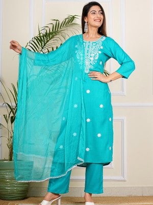 Turquoise Blue Embroidered Chikankari Straight Kurti Pant Dupatta Readymade Shalwar Kameez Suit (Set of 3)