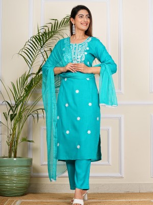 Turquoise Blue Embroidered Chikankari Straight Kurti Pant Dupatta Readymade Shalwar Kameez Suit (Set of 3)