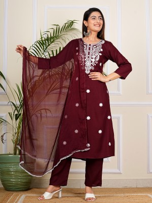 Wine Embroidered Chikankari Straight Kurti Pant Dupatta Readymade Shalwar Kameez Suit (Set of 3)