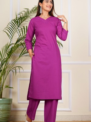 Nargis Magenta V-Neck Monochrome Kurti Pant Co Ord Set Indian Straight Cotton Salwar Kameez for Women (Set of 2)