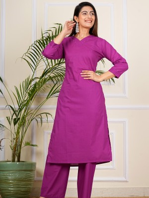 Nargis Magenta V-Neck Monochrome Kurti Pant Co Ord Set Indian Straight Cotton Salwar Kameez for Women (Set of 2)