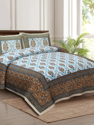 Block Print Multi Color Cotton Printed Bed Sheet with 2 Pillow Covers - for King Size Bed