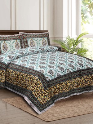 Block Print Multi Color Cotton Printed Bed Sheet with 2 Pillow Covers - for King Size Bed