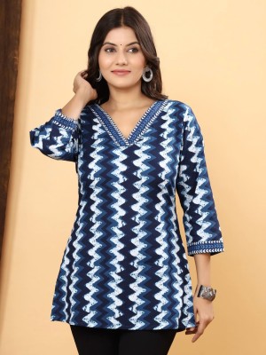 Natasha Indigo Blue Zigzag Print Top Cotton Short Kurti Tunic for Women