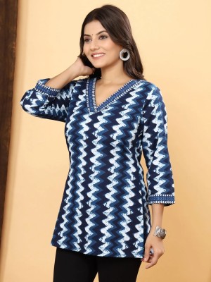 Natasha Indigo Blue Zigzag Print Top Cotton Short Kurti Tunic for Women