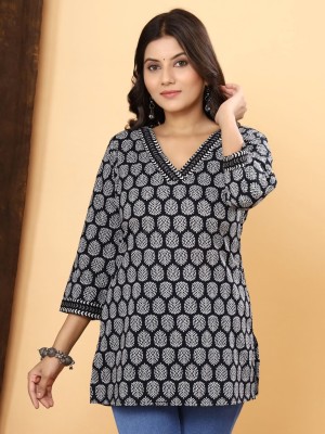 Black Sanganeri Hand Block Print Top Cotton Short Kurti Tunic for Women