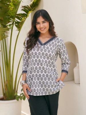 White Sanganeri Hand Block Print Top Cotton Short Kurti Tunic for Women