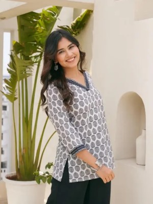 White Sanganeri Hand Block Print Top Cotton Short Kurti Tunic for Women