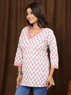 Pink Sanganeri Hand Block Print Top Cotton Short Kurti Tunic for Women