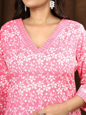 Pink Petal Floral Print Top Cotton Short Kurti Tunic for Women