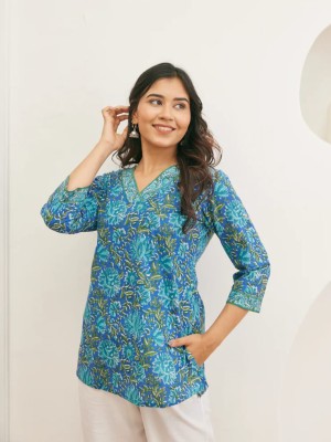 Blue Floral Print Top Cotton Short Kurti Tunic for Women