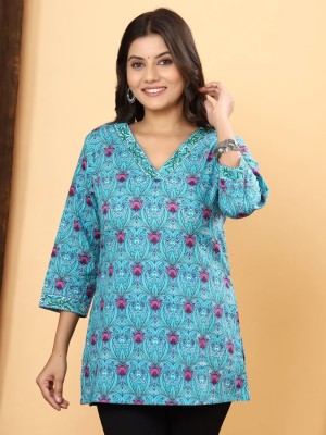 Blue Floral Print Top Cotton Short Kurti Tunic for Women