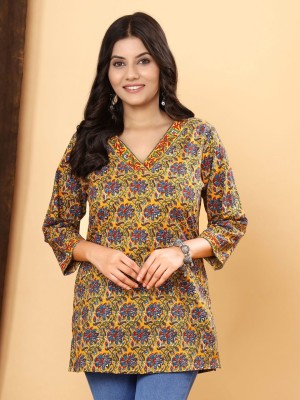 Mustard Yellow Kalamkari Floral Print Top Cotton Short Kurti Tunic for Women