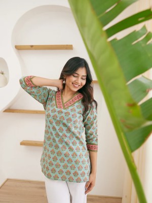 Sea Green Sanganeri Hand Block Print Top Cotton Short Kurti Tunic for Women