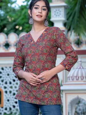 Red Kalamkari Floral Print Top Cotton Short Kurti Tunic for Women