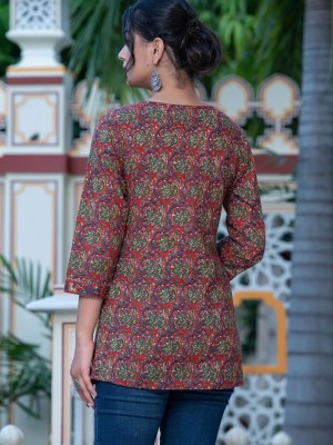 Red Kalamkari Floral Print Top Cotton Short Kurti Tunic for Women