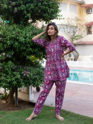 Purple Floral Print Lounge Wear Set Night Suit Dress Pyjama Co Ord Set for Summer Night PJ