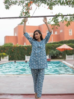 Blue Floral Block Print Lounge Wear Set Night Suit Dress Pyjama Co Ord Set for Summer Night PJ