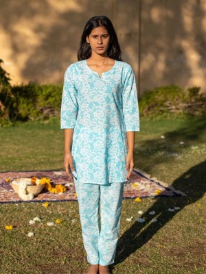 Blossom Light Blue Lounge Wear Set Nightwear Dress Pyjama Co Ord Set for Summer Night PJ