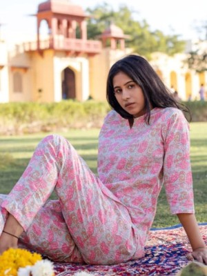 Pink Color Floral Block Print Lounge Wear Set Night Suit Dress Pyjama Co Ord Set for Summer Night PJ